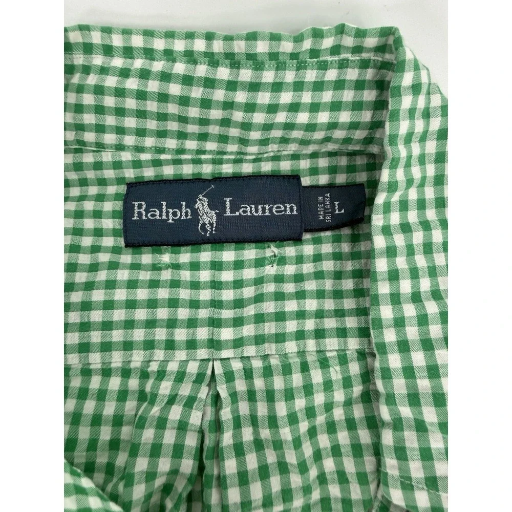 Polo Ralph Lauren Men 100% Cotton Long Sleeve Shirt Size L Gingham‎ Green Preppy
